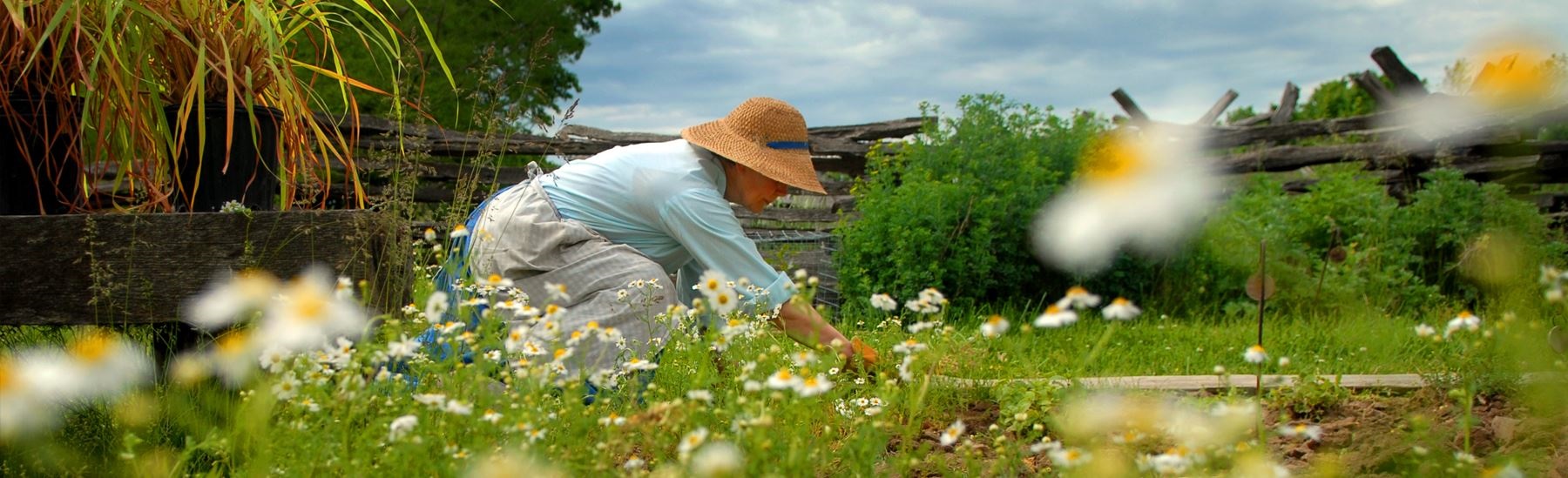 Woman tending to garden at historic Missouri town