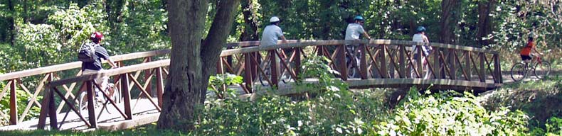 A group of people on bikes crossing a bridge in the woods
